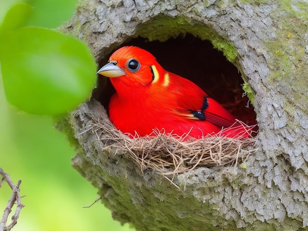 Scarlet Tanager se sienta en una rama en el bosque y hace nido