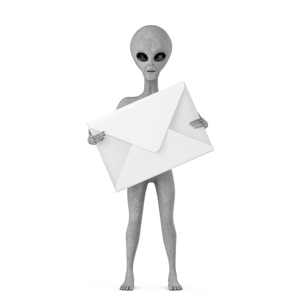 Scary Grey Humanoid Alien Cartoon Character Person Maskottchen mit weißem leerem Umschlag 3D-Rendering