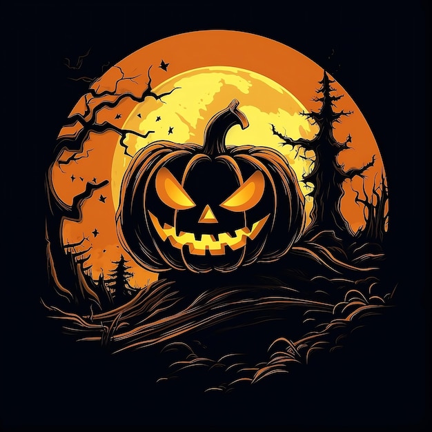 Foto scary jack o lantern auf schwarzem hintergrund mit vollmond halloween gruseliger kürbis charakter