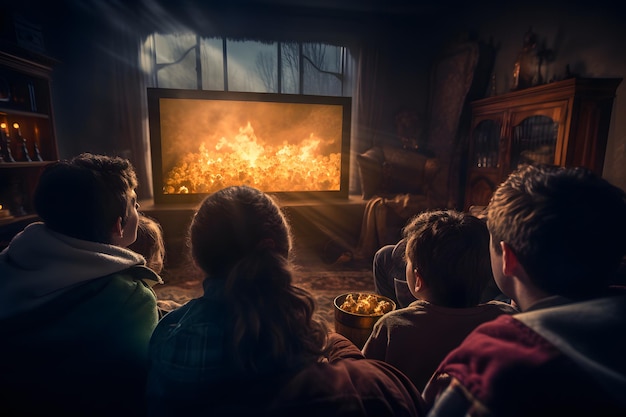 Scary Movie Night Friends reunidos em torno de uma TV assistindo a uma maratona de filmes de terror com pipoca