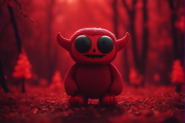 Scary Red Mascot Cartoon mit Horn, schwarzen Augen und rotem Dschungel im Hintergrund Halloween Theme Design
