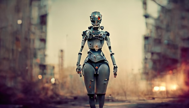 Scary robot woman android Old metal mecanismos engranajes