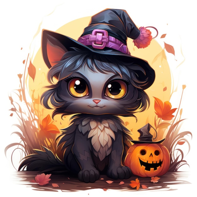 Scary Witch mit Katze und Krähe Clipart in leuchtenden Farben KI-generiert