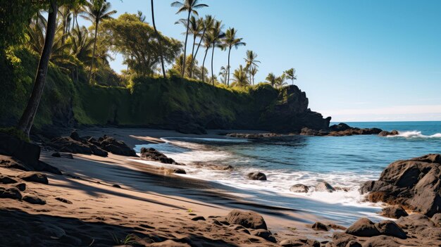 Scena de praia tropical com palmeiras e lagoa serena em uma tranquila ilha paraíso