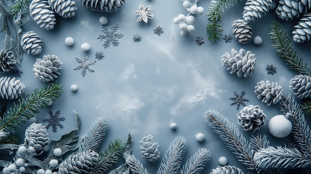 Scena do país das maravilhas de inverno com cones e galhos de pinheiros congelados em um fundo azul fresco