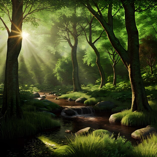 Scena majestosa da floresta estilo realista vegetação exuberante luz solar filtrando através das árvores tranquilo alto detalhe