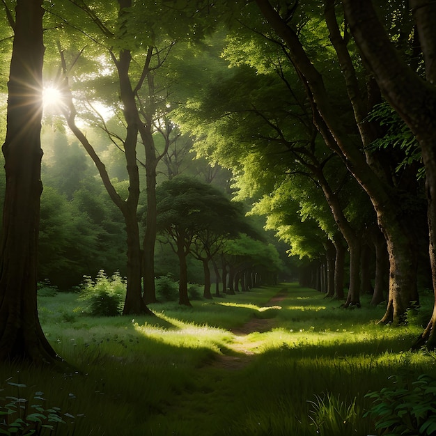 Scena majestosa da floresta estilo realista vegetação exuberante luz solar filtrando através das árvores tranquilo alto detalhe