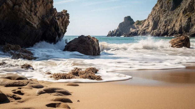 Scena natural de uma praia isolada com penhascos escarpados e ondas