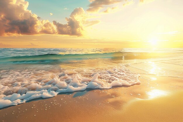Scena tranquila de praia com areia dourada e brilho do pôr-do-sol