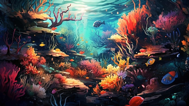 Scena tropical do mundo subaquático Ilustração com cena subaquática de peixes e corais