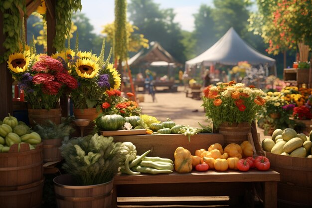 Foto scenário do mercado dos agricultores com produtos frescos e generative ai