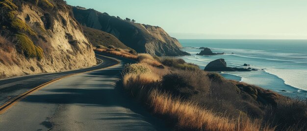 Foto scenic coastal road con vistas al océano al atardecer