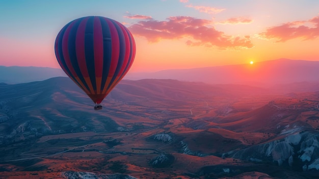 Foto scenic montañas turcas al atardecer con un globo de aire caliente deslizándose a través del cielo colorido acentuando la belleza natural del paisaje en la luz que se desvanece generative ai