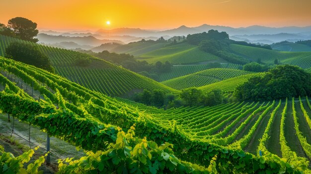 Scenic Sunrise over Lush Green Vineyard Hills Paisagem com vales nebulosos e céu vibrante