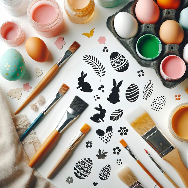 Schablonen zum Malen von Ostereiern, Farben und Pinsel auf weißem Hintergrund