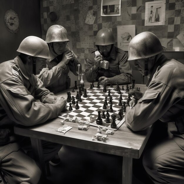 Foto schach ist krieg. soldaten spielen schach.