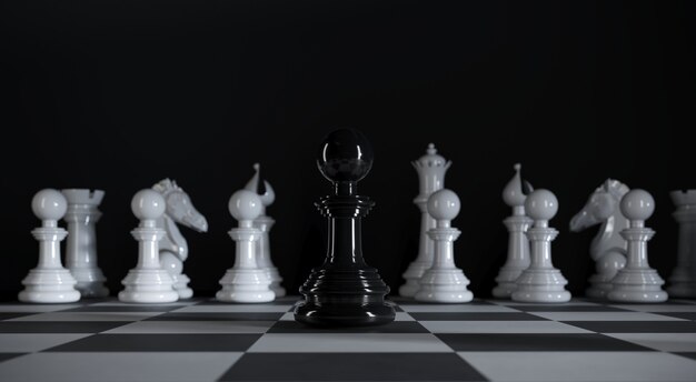 Schach schwarze Pfote steht unter verschiedenen weißen Schachfiguren in der 3D-Illustration