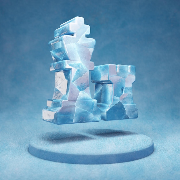 Schach-Symbol. Gebrochenes blaues Eisschachsymbol auf blauem Schneepodest. Social Media-Symbol für Website, Präsentation, Designvorlagenelement. 3D-Rendering.