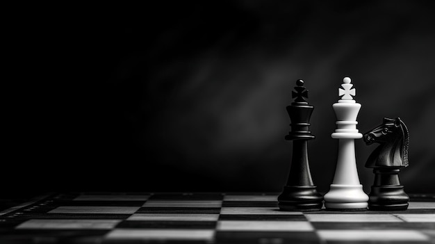 Schach zwei schwarze und weiße Könige und ein schwarzer Springer stehen auf einem Schachbrett Sportspiel Kopierraum