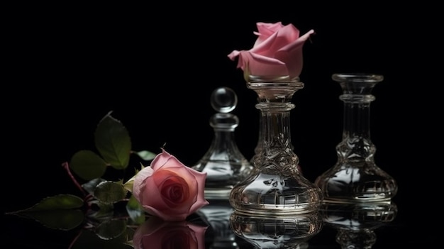 Schachfiguren auf schwarzem Hintergrund mit einer Rose im Vordergrundgenerative KI