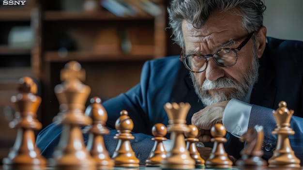 Schachgroßmeister überlegt Bewegungen auf einem Schachbrett
