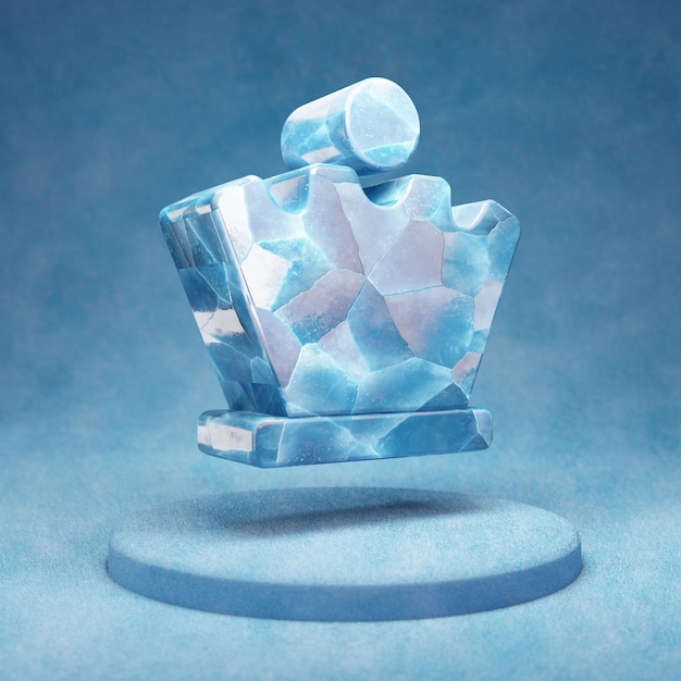 Schachkönigin-Symbol. Gebrochenes blaues Eisschach-Königinsymbol auf blauem Schneepodest. Social Media-Symbol für Website, Präsentation, Designvorlagenelement. 3D-Rendering.