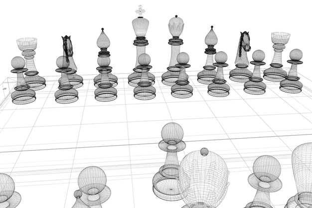 Schachspiel auf dem Drahtmodell des Brettrahmens