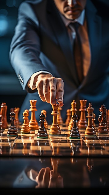 Schachspiel und Brett mit Spielern in Nahaufnahme mit Strategie in Wettbewerb oder Herausforderung