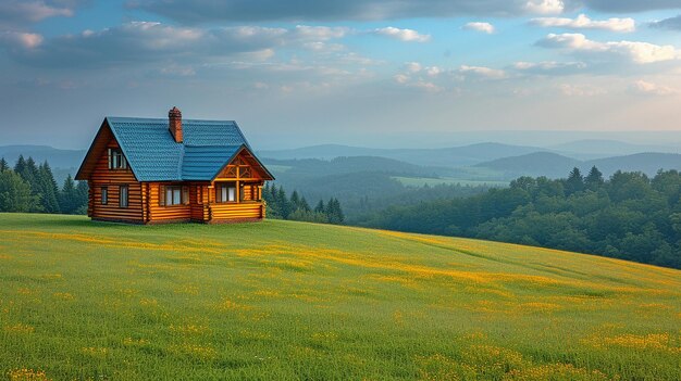 schäbiges einsames Holzhaus auf einem Sommerhügel, das mit üppigem Gras unter einem wunderschönen Cumulus-Wolkenhimmel bedeckt ist