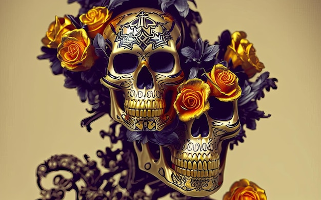 Schädel aus Gold mit Blumen und Reben gespenstischer Hintergrund für den Tag der Toten