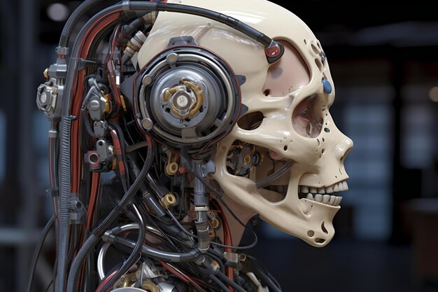 Foto schädel eines robots mit elektronischen komponenten und kabeln im hintergrund