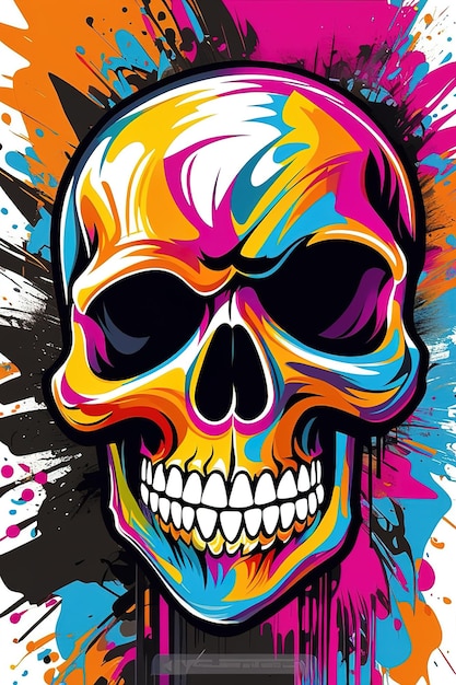 Schädel im dunklen Graffiti-Farbspritzer-T-Shirt-Design, Illustration, generatives KI-Bild