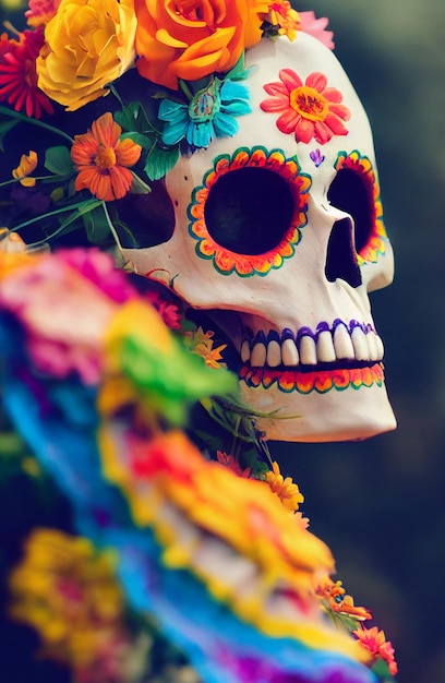 Schädel mit Blumen auf dem Kopf geschmückt