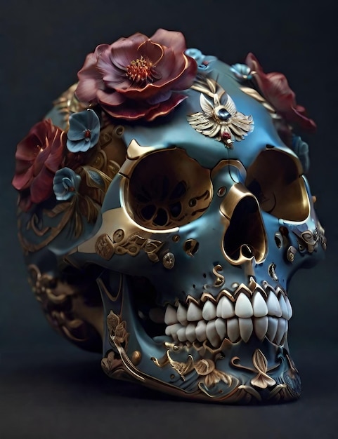Schädel mit Blumenornament auf dunklem Hintergrund Da de los Muertos Tod des Tages