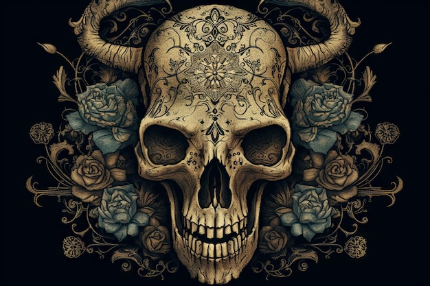 Schädel mit Hörnern und Rosen auf schwarzem Hintergrund