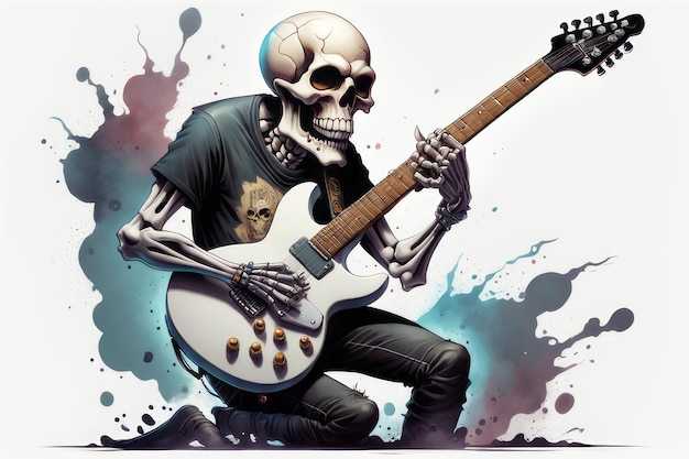 Schädel-Rockstar mit Gitarrenfarben-T-Shirt-Art, erstellt mit generativer KI-Software