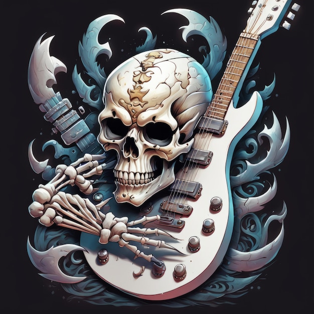 Schädel-Rockstar mit Gitarrenfarben-T-Shirt-Art, erstellt mit generativer KI-Software