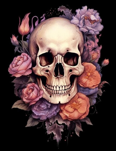 Schädel und Blumen auf schwarzem Hintergrund generativ ai