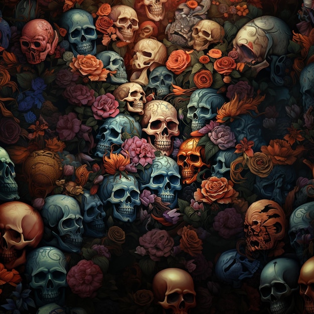Schädel und Blumen sind in einem Muster an einer Wand angeordnet.