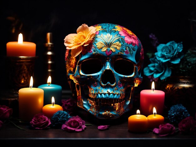 Schädel und Kerzen auf schwarzem Hintergrund