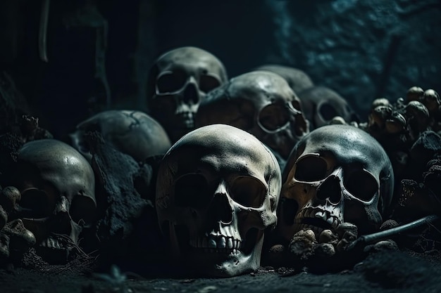 Schädel und Knochen von Menschen, die im Völkermordkrieg in der Krypta auf dem Friedhof getötet wurden