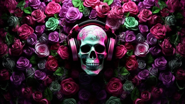 Schädel und Kopfhörer auf Blumen-Hintergrund