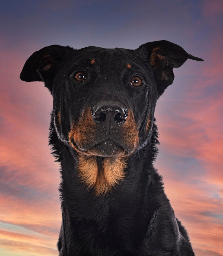 Foto schäferhund von beauce vor dem abendhimmel