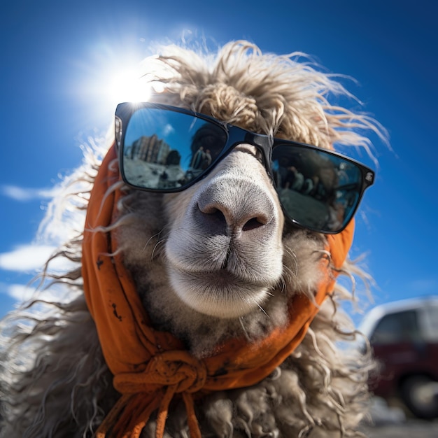 Schaf-Porträt mit Sonnenbrille. Lustige Tiere in einer Gruppe, die gemeinsam in die Kamera schauen und bekleidet Spaß haben und gemeinsam ein Selfie machen. Ein ungewöhnlicher Moment voller Spaß und Modebewusstsein