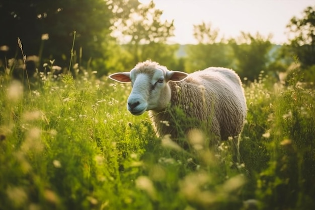 Schafe auf einem Feld, die Sonne scheint auf die Schafe