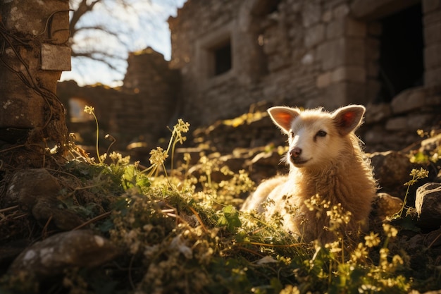Schafe grasen zwischen antiken, mit Efeu bedeckten Ruinen bei Sonnenuntergang, generatives IA