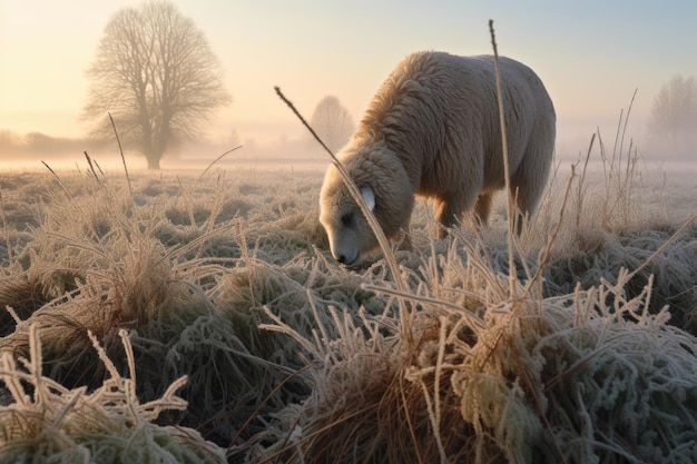 Schafe knabbern an frostigem Gras auf einem Feld, das mit generativer AI geschaffen wurde