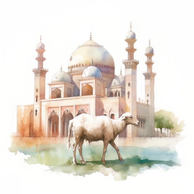 Schafe und Moschee auf Aquarell-Hintergrund Aquarellillustration