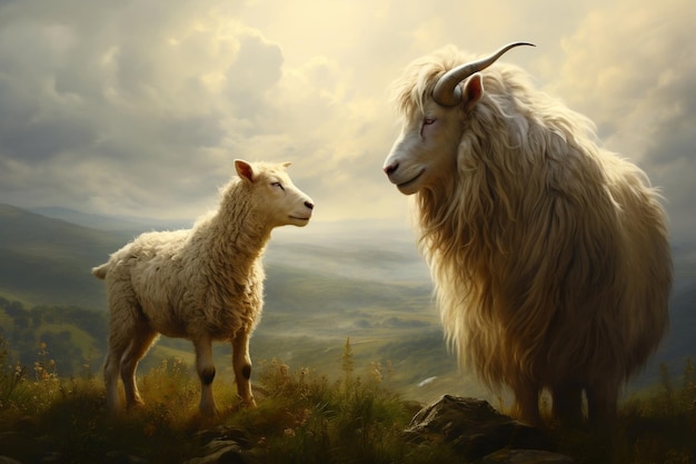 Schafe und Ziegen weiden auf dem Feld. Generative KI
