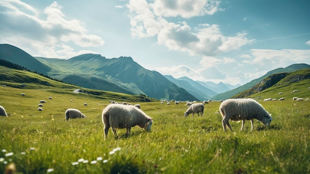 Schafe weiden auf einer offenen Weide, eine atemberaubende Landschaft im Hintergrund